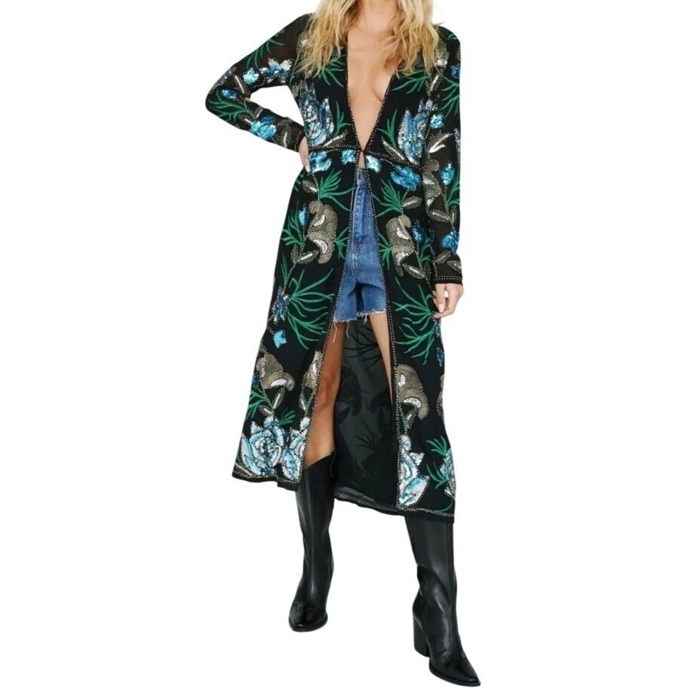 Nasty Gal Collection Floral Sequin Longline Kimono Duster Black Blue Medium NEW